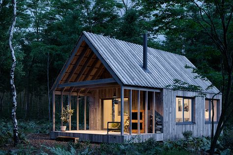 Strazdas on Behance Industrial Cottage, Summer Cabins, Scandinavian Cabin, Summer Cabin, Modern Barn House, Modern Barn, Small Cabin, Cabin In The Woods, Modern Cabin