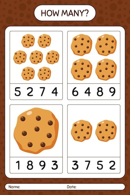 How many counting game with cookie. work... | Premium Vector #Freepik #vector #math-worksheet #how-many #math-game #worksheet Counting Cookies Printables, Cookie Counting, Game Worksheet, Worksheet For Preschool, Mouse A Cookie, Activity Sheets For Kids, Counting Games, Multiplication Worksheets, Math Counting