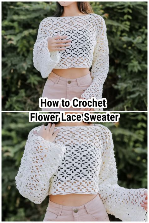 Crocheting a lace sweater requires following a pattern and paying close attention to gauge to ensure the correct fit. First, select a lace stitch pattern and choose a lightweight yarn that will allow the stitch pattern to show up well. Lace Sweater Crochet, Lace Sweater Pattern, Crochet Jumper, Clothes Crochet, Crochet Tops Free Patterns, Crochet Lace Top, Clothes Aesthetic, Quick Crochet, Lace Sweater