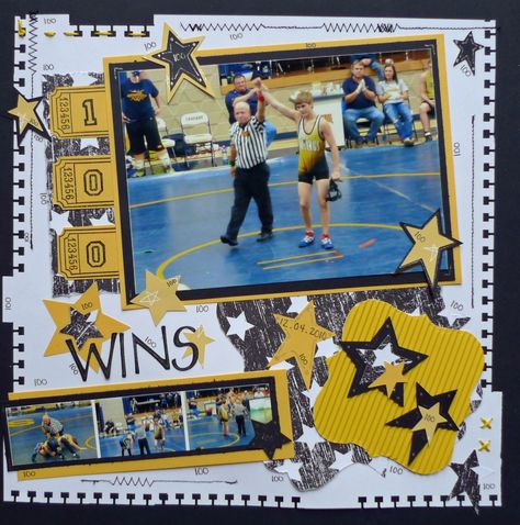 100 Wins Wrestling Ideas, Scrapbook Memories, Scrapbooking Sports, Boy Scrapbook Layouts, Yearbook Pages, Sports Page, Scrapping Ideas, Yearbook Themes, Scrapbook Boys