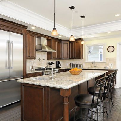 I like the crown molding and can lighting in the soffits.  I hate our soffits and this is a nice way to "dress them up" Crown Molding Kitchen, Kitchen Soffit, Backsplash With Dark Cabinets, Kitchen Cabinet Layout, Small Kitchen Cabinets, Crown Moldings, Craftsman Kitchen, Kitchen Designs Layout, New Kitchen Cabinets