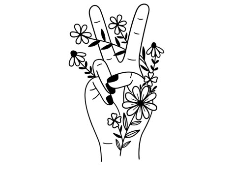 Peace Sign Hand with flowers by IrinaOstapenko on Dribbble Peace Sign Fingers, Peace Sign Tattoos, Hand Outline, Peace Tattoos, Hippie Tattoo, Peace Sign Hand, Power Tattoo, Peace Sign Art, Hand Symbols