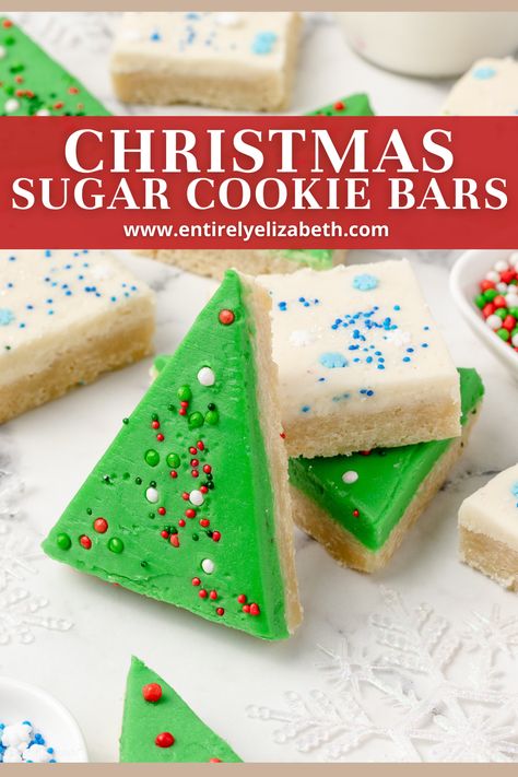 These soft Christmas Sugar Cookie Bars give you all the classic sugar cookie flavor in an easy-to-make 13×9 pan that serves 30. Christmas Tree Sugar Cookie Bars, Quick Cookie Bars, Bar Sugar Cookie Recipe, Shortbread Cookie Bars Recipes, Soft Sugar Cookie Bars, Christmas Sugar Cookie Bars Recipe, Sheet Pan Christmas Cookies, Recipes With Sugar Cookie Mix Baking, Sheet Pan Sugar Cookies