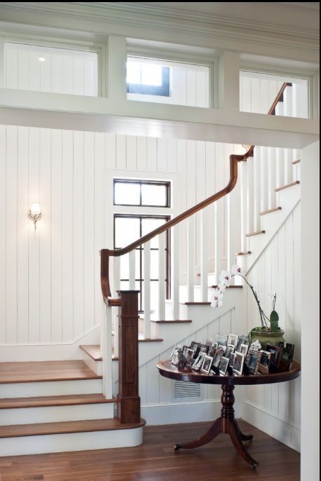 {Trend Report}: Shiplap Walls | Bria Hammel Interiors Playroom Transformation, Colonial Entryway, Wainscoting Stairs, Tongue And Groove Walls, Sofa Makeover, Simple Cottage, Tongue And Groove Panelling, Staircase Storage, Stair Case