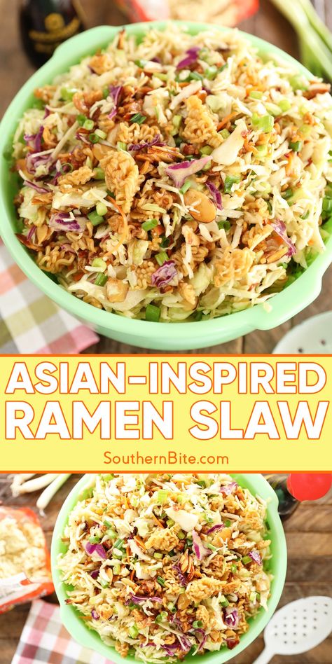 Asian-Inspired Ramen Slaw Asian Slaw With Ramen Noodles, Crunchy Slaw Recipe, Ramen Slaw, Asian Ramen, Ramen Salad, Slaw Dressing, Asian Slaw, Asian Salad, Slaw Recipes