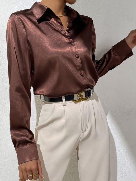 Coffee Brown Elegant Collar Long Sleeve Satin Plain Shirt Embellished Slight Stretch  Women Tops, Blouses & Tee Silky Shirt Outfit, Brown Blouse Outfit, Brown Top Outfit, Satin Top Outfit, Satin Shirt Outfit, Collared Shirt Outfits, Silk Shirt Outfit, Satin Blouse Outfit, Satin Outfit