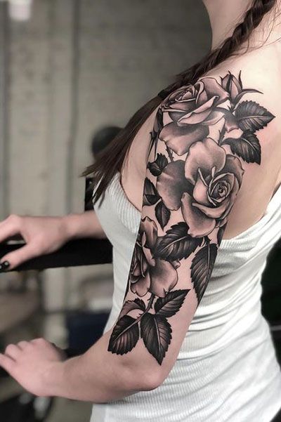 35 Cool Rose Tattoo Ideas for Women - The Trend Spotter Half Sleeve Rose Tattoo, Tato Realis, Rose Half Sleeve, Lotusblume Tattoo, Rose Tattoo On Arm, White Rose Tattoos, Quarter Sleeve Tattoos, Rose Tattoo Sleeve, Rose Sleeve