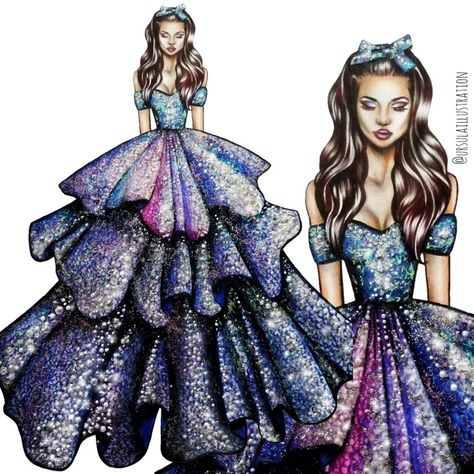 Galaxy dress fashion illustration by @ursulaillustration Galaxy Theme Dress, Purple Fairytale, Fashion Design Inspiration Board, Galaxy Dress, Galaxy Fashion, Dress Illustration, Galaxy Theme, Art Jewelry Design, Theme Dress