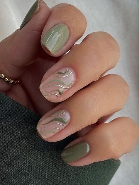 two tone sage green short nails with swirls Biab Nail Design Autumn, Autumn Biab Nails, Sage Green Nails, Biab Nails, Bridesmaids Nails, Green Nail Art, Milky Nails, Green Nail Designs, Thanksgiving Nails