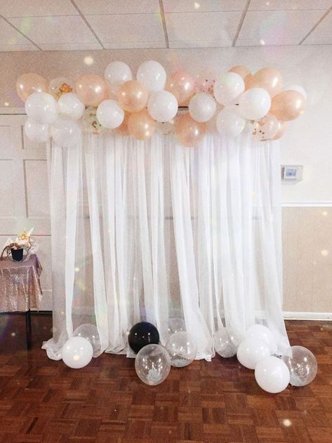 Balloon And Drape Backdrop, Krizma Decor, Light Backdrop Wedding, Silver Anniversary Decorations, Fairy Light Backdrops, 25th Wedding Anniversary Party, Backdrop For Wedding, Birthday Decorations At Home, Easy Party Decorations