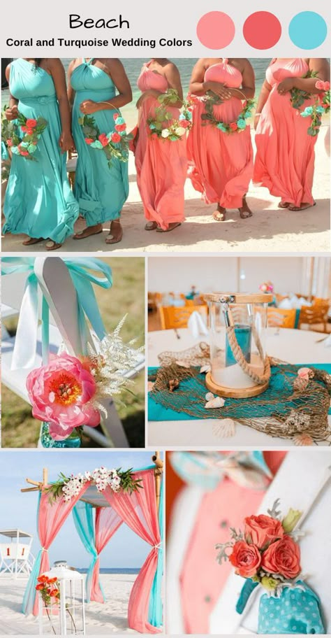 Coral pink and turquoise are perfect for a beach wedding! Coral Beach Wedding Decorations, Turquoise Wedding Colors, Turquoise Coral Weddings, Beach Wedding Color Palette, Wedding Colors 2025, Turquoise Wedding Theme, Coral Wedding Themes, Beach Wedding Coral, Colors 2025