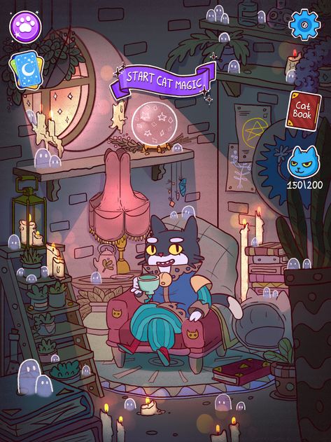 Dark Magic Illustration, Magic Shop Illustration, Divination Wizard Art, Mystical Wizard Art, The Magic Faraway Tree Illustration, Cute Wizard, Magic Illustration, Magic Cat, Busy Morning