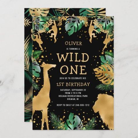 Wild One Safari 1st Birthday Black Green Gold for $2.80 - Birthday Invitations Animal Invitation, Safari 1st Birthday, Shower Black, Green Invitations, Safari Baby Shower Invitations, Two Wild, Wild One Birthday, 2nd Birthday Invitations, Black Invitation