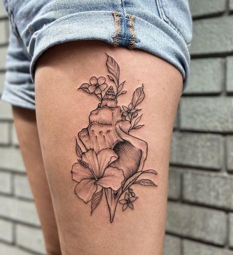 Tropical Mermaid Tattoo, Women Beach Sleeve Tattoo, Fresh Tattoo Ideas, Conch Shell Tattoos For Women, Seashells Tattoos For Women, Womens Back Of Calf Tattoo, Matching Feminine Tattoos, Conch Shell With Flowers Tattoo, Beach Tattoo Thigh