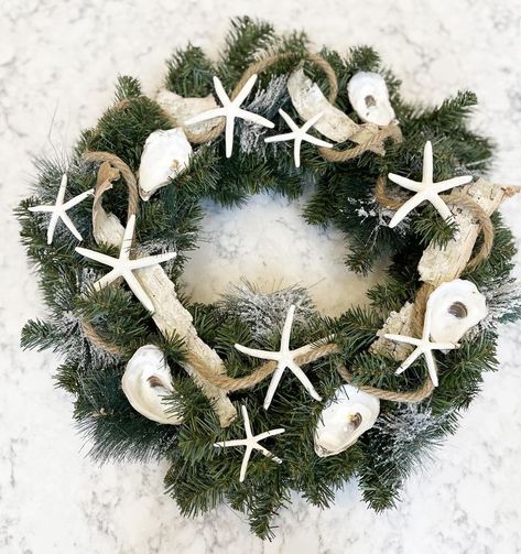 Oyster Shell Christmas, Oyster Shell Crafts, Coastal Christmas Decor, Coastal Christmas, Birch Bark, Holiday Wreath, Shell Crafts, Beach Theme, Oyster Shell