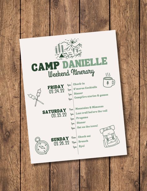 Get ready for an unforgettable adventure with this Camp-Themed Bachelorette Weekend Itinerary! This 8.5x11 editable and downloadable template is the perfect way to keep your bachelorette weekend organized and on track, all while adding a rustic, outdoor vibe to your celebration. 📋 What's Included: Camp-Themed Itinerary Template: A beautifully designed itinerary template that you can customize with all your weekend activities, from hikes and campfire games to cocktail hours. ✨ Why You'll Love It: Editable in Canva: Easily customize the text to fit your bachelorette party plans. No design skills required--just input your schedule, and you're ready to go! Instant Download: Access your template immediately after purchase and start planning your weekend right away. Perfect Size: This 8.5x11 fi Big Bear Bachelorette Weekend, Camping Itinerary, Camp Activities For Adults, Planning Bachelorette Party, Camp Bridal Shower Theme, Camp Bachelorette Activities, Hiking Party, Camp Bachelorette Party Ideas, Cottage Bachelorette