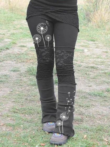 exikou Bamboo Leggings, Dandelion Print, Look Legging, Polyester Pants, Lace Patchwork, Printed Jumpsuit, Lace Fashion, Look Cool, Diy Clothes