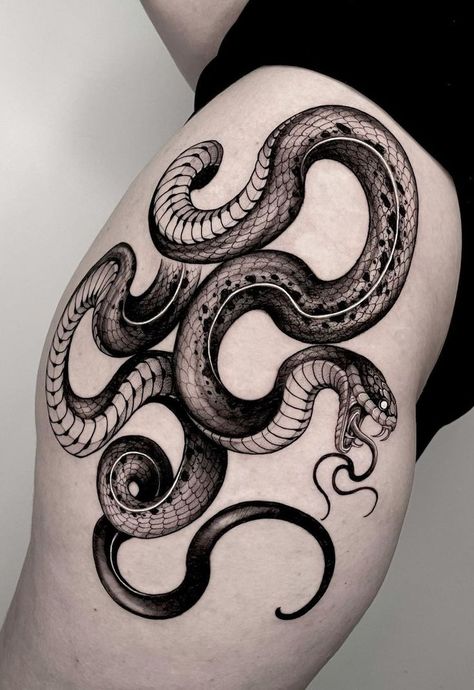 Tattoos For Women Snake, Snake Hip Tattoo, Snake Tattoos For Women, Hip Tattoos For Women, Inner Arm Tattoos, Small Matching Tattoos, Thigh Tattoo Designs, Snake Tattoos, Cross Tattoos For Women