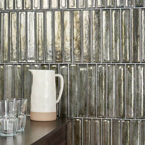 Komorebi Brick Rainforest Dew Metallic 2x12 Subway Look Polished Glass Tile | Tilebar.com Smoked Glass Backsplash, Mercury Glass Tile, Metallic Tile, Glass Subway Tile Backsplash, Mirrored Subway Tile, Glass Tile Backsplash Kitchen, Metal Tile Backsplash, Iridescent Glass Tiles, Bar Wood