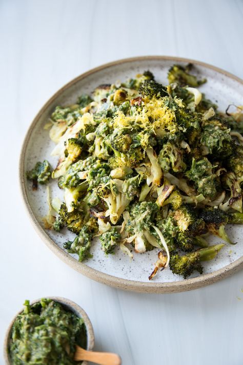 This easy roasted broccoli side dish is punched up with a tangy and herby caper pesto and makes for a beautiful presentation on your holiday table or for a weeknight dinner. It’s bulked up with some roasted cabbage to allow for a larger low FODMAP portion, but it’s truly the best side dish for any dairy-free, gluten-free meal! Broccoli Side Dish, Best Side Dish, Roasted Cabbage, Free Meal, Bulk Up, Best Side Dishes, Roasted Broccoli, Low Fodmap, Holiday Table