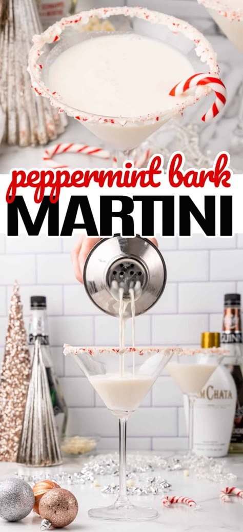 Decadent and easy to make, Peppermint Bark Martini is the ultimate holiday drink to put everyone in the holly jolly spirit of Christmas! Peppermint Twist Smirnoff Drinks, Peppermint Bark Martini, Boozy Slushies, Rumchata Recipes Drink, Snowman Cocktail, Peppermint Martini Recipe, Peppermint Cocktail, Christmas Drink Recipes, Rumchata Recipes