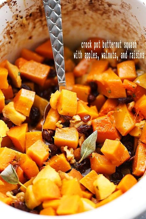 Crock Pot Butternut Squash with Apples, Walnuts and Raisins Crock Pot Butternut Squash, Butternut Squash With Apples, Butternut Squash Stew, Butternut Squash Apple, Raisin Recipes, Holiday Side Dish, Holiday Side, Butternut Squash Recipes, Cooked Apples