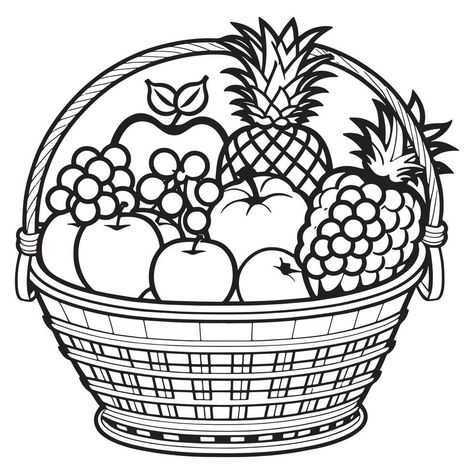 Fruit Outline Drawing, Fruits Outline, Basket Coloring Page, Fruit Basket Drawing, Bucket Drawing, Children Ministry, Basket Drawing, Fruits Images, Free Coloring Sheets