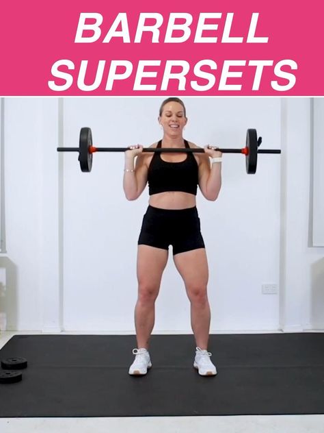 BARBELL SUPERSET WORKOUT - Lose fat, gain muscle with this barbell workout for women who want a killer weight training workout at home.You'll need a barbell ... Barbell Workout For Women At Home, Home Barbell Workout For Women, Barbell Exercises For Women, Beginner Barbell Workout For Women, Bar Workout Women, Barbell Workout At Home, Penny Barnshaw, Barbell Workout For Women, Workout Program For Women