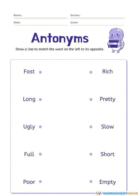 Antonyms Worksheet, The Worksheet, Homeschool Learning, 1st Grade Worksheets, Grammar Worksheets, Kindergarten Worksheets, Worksheets For Kids, 1st Grade, Grade 1