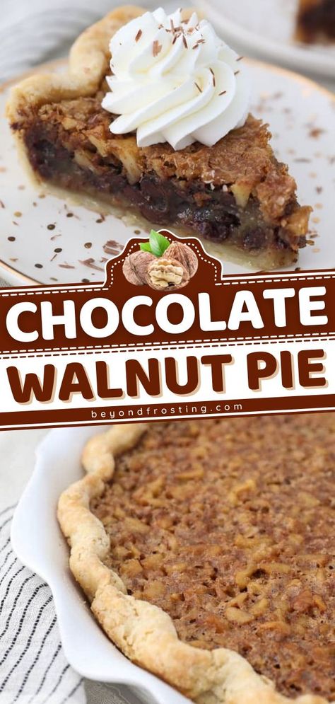 Chocolate Walnut Pie, thanksgiving desserts, sweet treats Walnut Pie Recipe, Chocolate Walnut Pie, Chocolate Desserts Fancy, Pie For Thanksgiving, Walnut Pie, Favorite Pie Recipes, Best Chocolate Desserts, Thanksgiving Desserts Easy, Perfect Thanksgiving