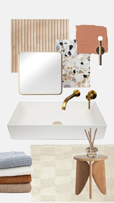 Featuring our New York sink in the shade White. Mood Board for small powder rooms, primary bathroom suite, mid century bathroom design, and more. Mood board planning for bathroom remodel, bathroom decor refresh, custom home build. Colorful home washroom design inspiration. Handcrafted concrete products manufactured in Las Vegas, Nevada, USA Small Powder Rooms, Concrete Vessel Sink, Custom Home Build, Mid Century Bathroom, Concrete Products, Primary Bathroom, Washroom Design, Nevada Usa, Colorful Home