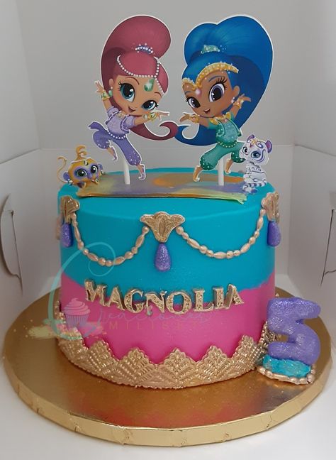 Shimmer And Shine Cake Ideas, Shimmer And Shine Cake, Shimmer Shine, Shimmer And Shine, Shimmer N Shine, Girl Birthday Party, Tiered Cakes, 5th Birthday, Bday Party