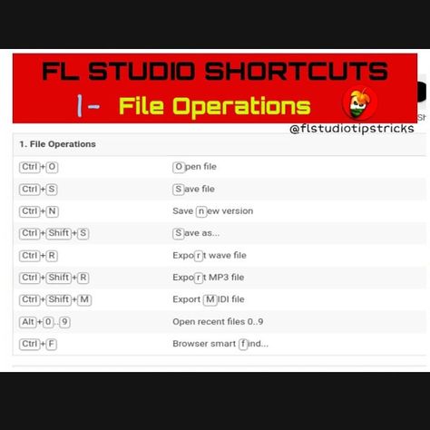 FL STUDIO TIPS & TRICKS on Instagram: “FL STUDIO SHORTCUTS LIST  1- File Operations . . . Follow @flstudiotipstricks . . . .…” Fl Studio Tips, Edit Tips, Fl Studio, Tips Tricks, Sounds Like, Musical, Music, On Instagram, Instagram