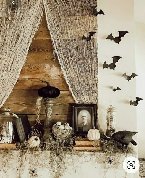 Addams Family Inspired Home Decor, Southern Gothic Halloween Decor, Witch Cottage Halloween Decor, Halloween And Fall Decorations Together, Vintage Halloween Aesthetic Decor, Spooky Chic Halloween Decor, Vintage Spooky Aesthetic, Denmark Cottage, Moody Halloween Decor