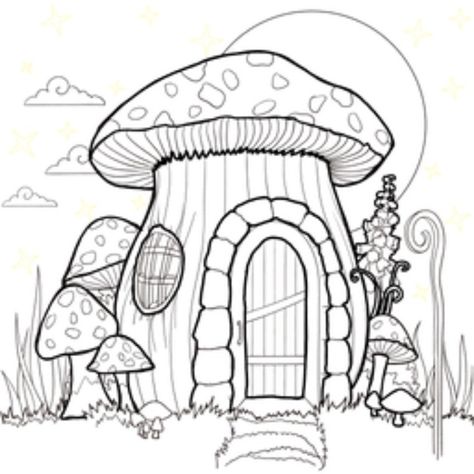 Gnome Village Drawing, Cute Mushroom House Drawing, Drawing Landscapes, Mushroom Character, Art Mushrooms, Mushroom Coloring, Village Drawing, House Doodle, Gnome Village