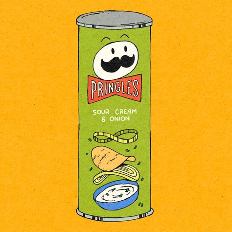 Kaitlin Brito | Any sour cream and onion Pringles lovers out there? 👁👁 I like sour cream and onion potato chips but have not had the pringles kind… | Instagram Pringles Sour Cream And Onion, Pringles Drawing, Chips Illustration, Snacks Illustration, Snack Illustration, Drawing Tube, Typeface Poster, Postal Card, Chips Snacks