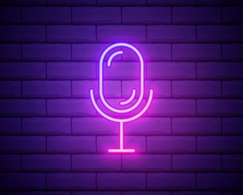 Microphone neon icon. Mic on brick wall background. Studio record concept. Vector illustration can be used for neon signs, billboards, radio stations, broadcasting Radio Broadcasting Background, Neon Microphone, Radio Background, Mic Icon, Podcast Icon, Podcast Setup, Neon Icons, Autumn Tattoo, Background Studio