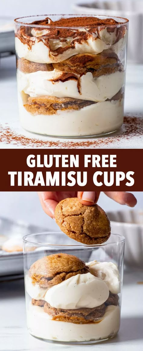 Gluten Free Tiramisu Cups - These luxuriously delicious gluten free tiramisu cups are a really fun and cute idea to serve at parties, and they’re also a great alternative if you want to make a smaller batch of tiramisu. With homemade mini gluten free ladyfinger biscuits and a velvety-smooth mascarpone cream, they’re very easy to assemble and they look amazing. Gluten free desserts. Gluten free recipes. Entertaining ideas. Party ideas. Party food. Gluten Free Italian Desserts, Entertaining Ideas Party, Gluten Free Tiramisu, Tiramisu Cups, Desserts Gluten Free, Easy Gluten Free Desserts, Mascarpone Cream, Gluten Free Flour Blend, Tiramisu Recipe