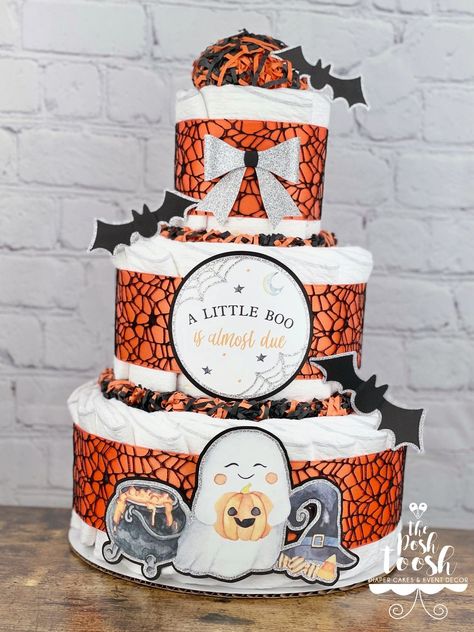 Halloween Diaper Cake, Pumpkin Diaper Cake, Cake Fall, Little Boo Is Almost Due, October Baby Showers, Halloween Baby Shower Theme, Orange Baby Shower, Diaper Cake Boy