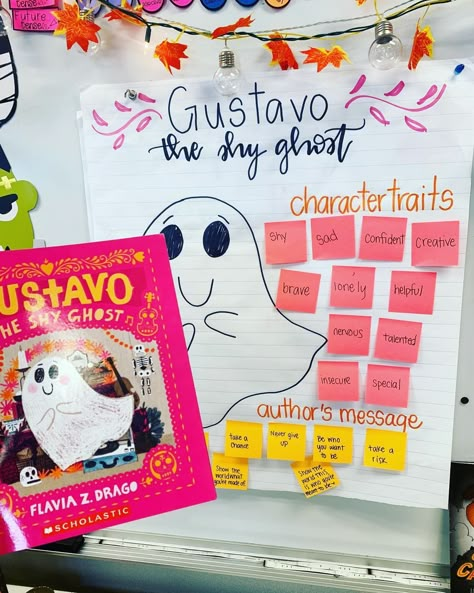 Courtney W on Instagram: “I’m going to go ahead and tell you all that Gustavo the Shy Ghost is my new favorite fall themed book! 👻 the pictures are beautiful and…” Gustavo The Ghost Craft, Gustavo The Shy Ghost Craft, Halloween Craftivity First Grade, Ghost Literacy Activities Preschool, Gustavo The Shy Ghost Activities, Halloween Ela Activities First Grade, Gustavo The Shy Ghost, Halloween Lesson, Fall Lesson Plans