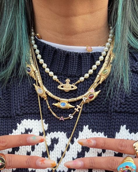 Natasha Ahmed, Vivienne Westwood Necklace, Maximalist Jewelry, Westwood Necklace, Dope Jewelry Accessories, Vivienne Westwood Jewellery, Indie Jewelry, Golden Jewelry, Jewelry Aesthetic