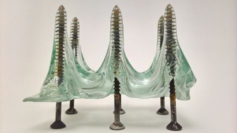 Three sheet glass slump over six standing screws previously set in plaster Fusing Glass Art, Slumped Glass Art, Screw Art, Glass Slumping, Fused Glass Artwork, Glass Fusing Projects, Glass Art Projects, Cast Glass, Glass Sculptures