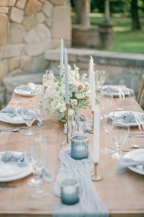 Blue Wedding Tablescape, Dusky Blue Wedding, Cornflower Blue Wedding, Pastel Blue Wedding, French Blue Wedding, Blue Wedding Receptions, Pale Blue Wedding, Blue Table Settings, Blue And Blush Wedding