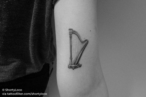 H A R P Harp Tattoo, Small Music Tattoos, David Tattoo, Kids Tattoo, P Tattoo, Irish Tattoos, Explore Tattoo, Hand Tats, Awesome Tattoo