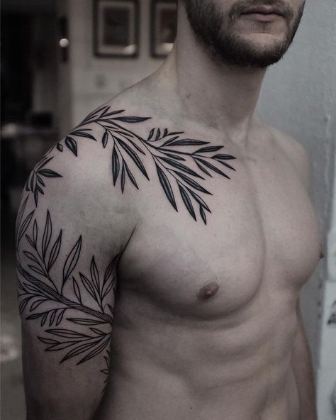 Mens Vines Tattoo, Men’s Leaf Tattoo, Leaf Wrap Around Tattoo Bicep, Plant Tattoo Sleeve Men, Nature Arm Tattoo For Men, Mens Pec Tattoos, Vine Sleeve Tattoo Men, Men’s Vine Tattoo, Foliage Tattoo Men