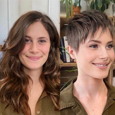 Short Summer Haircuts, Fly Bra, Long Pixie Cut, Layered Pixie Haircuts, Hair Ritual, Pixie Haircut Ideas, Long Hair Cut Short, Before And After Haircut, Longer Pixie Haircut