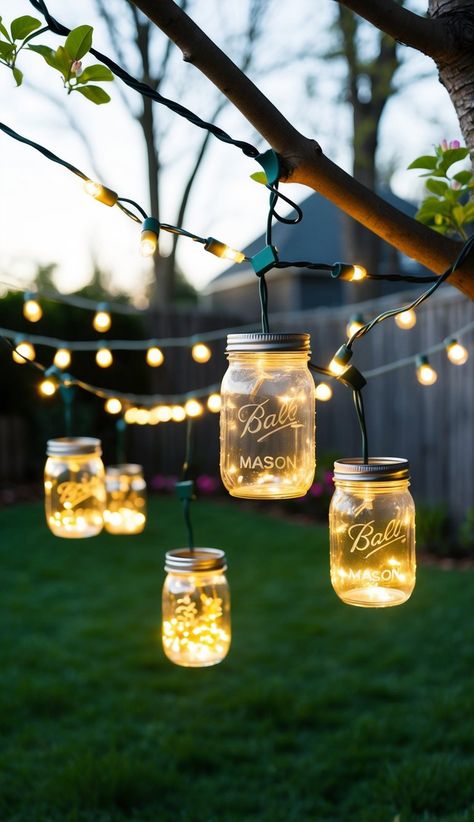 Mason jar string lights are a charming addition to spring wedding decor. I love how they create a warm, cozy glow for outdoor receptions. Mason Jar Lights Outdoor, Hot Rod Wedding, Colorful Tablescapes, Chandelier Centerpiece, Mason Jar String Lights, Spring Wedding Decor, Floral Archway, Mason Jar Lights, Mason Jar Lanterns