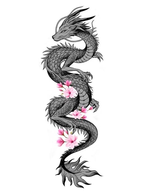 Snake Dragon Tattoos For Women, Floral Dragon Spine Tattoo, Dragon Tattoo Designs For Women Cherry Blossoms, Long Dragon Tattoo Design, Woman’s Dragon Tattoo, Dragon And Flower Spine Tattoo, Chinese Dragon Spine Tattoos For Women, Dragon Tattoos Black Women, Dragon Tattoo Spine Women