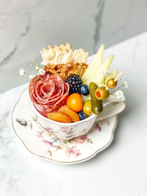 Mini High Tea Ideas, Charcuterie In A Tea Cup, Bridgerton Tea Party Food Ideas, Bridgerton Dinner Ideas, Bridgertons Theme Party, Bridgeton Food Ideas, Bridgerton Buffet, Brigerton Foods, Bridgertons Tea Party