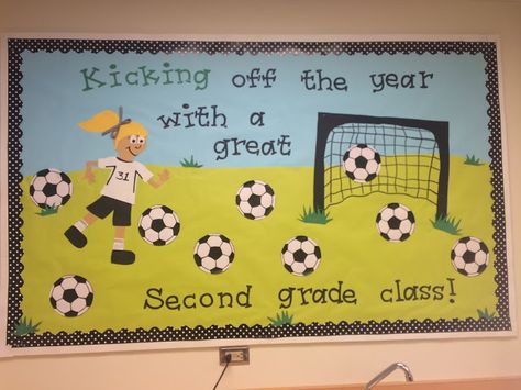 Kick Starting a New School Year! Sports Bulletin Board Ideas Hallways, Bulletin Board Ideas Hallways, Sports Bulletin Board Ideas, Soccer Bulletin Board, Sports Bulletin Boards, Goals Bulletin Board, Big Classroom, Physical Education Bulletin Boards, School Year Themes